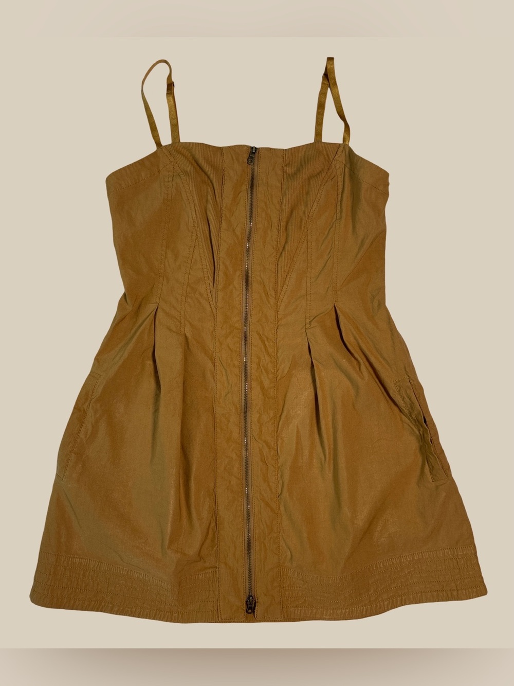 Anthropologie Maeve Structured Zip Front Mini Dress, Honey Brown, Pockets SZ M - Picture 5 of 8